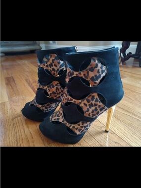 Thalia Sodi Black Suede Leopard Cutout Stiletto Booties with Gold Heel